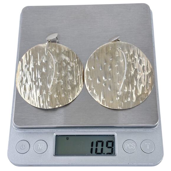 Estate Sterling Silver 925 Large Hammered Disc Earrings - Picture 7 of 7